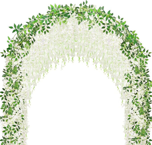 75 Branches Wisteria Hanging Flowers,5Pcs Total 30ft White Wisteria Artificial Flowers Garland Vine Silk Hanging Flowers for Wedding Party Arch Ceremony Garden Home Backdrop Decor