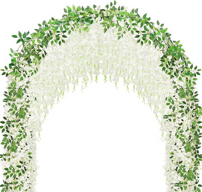 300 Branches Wisteria Hanging Flowers,20Pcs Total 120ft White Wisteria Artificial Flowers Garland Vine Silk Hanging Flowers for Wedding Party Arch Ceremony Garden Home Backdrop Decor