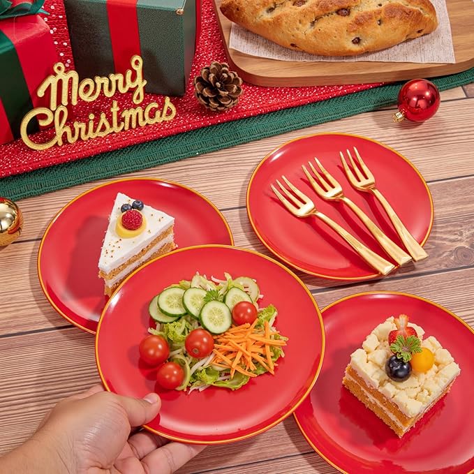 Festiva 200Pcs Red Gold Dessert Plates 6.3" with Plastic Forks 5"-Small Disposable Plates- Dessert/Cake/Appetizer Plastic Plates include 100Plates 100Forks for Birthday Party&July 4th
