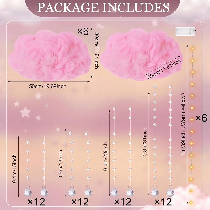 Marsui Artificial Cloud Props LED Hanging Cloud String Light Fake Imitation 3D Cotton Classroom School Decor Raindrop for Room Ceiling Baby Shower Party Wedding Nursery Wall DIY Decor (Pink,6 Pcs)