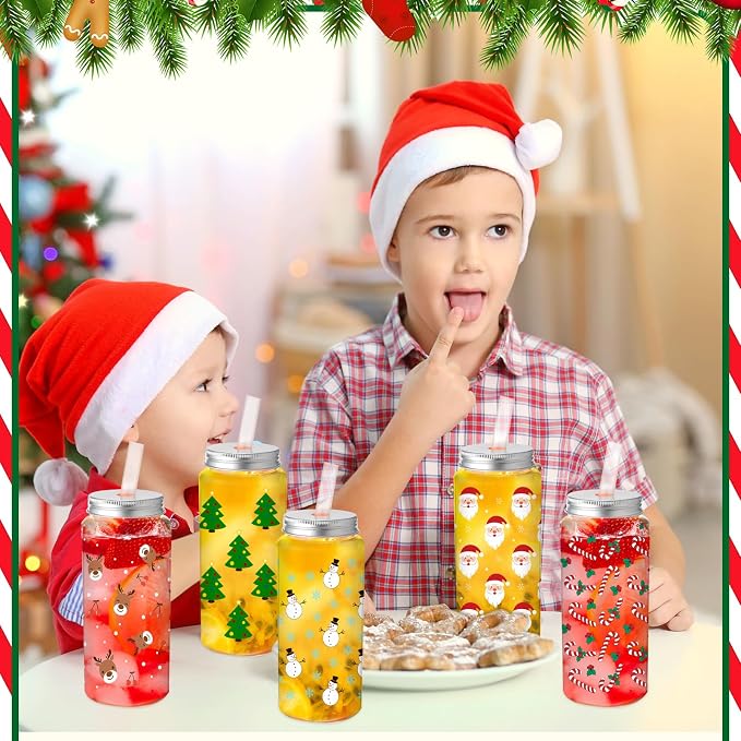 Skylety 30 Pcs Christmas Plastic Cups with Lids and Straws 13.5 oz Tree Gingerbread Snowman Santa Claus Elk Candy Reusable Plastic Tumbler Christmas Party Decor for Xmas Women Birthday Party Supplies