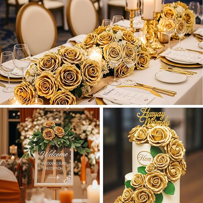 Auihiay 60PCS Gold Rose Artificial Flowers, Faux Silk Roses, Realistic Roses Bouquet for Anniversary, Baby Shower, Birthday, Graduation, Table Centerpieces, New Year's, Fathers Day Decor