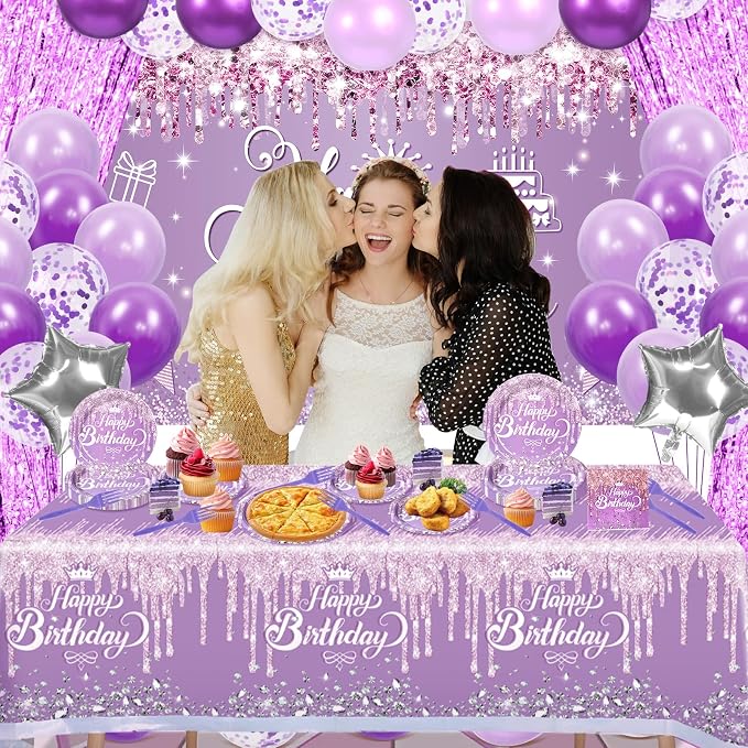 116 Pcs Purple Silver Birthday Decorations for Women Girls, Happy Birthday Banner Foil Balloons Plates Cups Napkins Tablecloth Purple Party Set Fringe Curtains Disposable Tableware Serve 20 Supplies