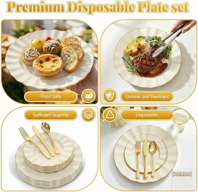 Glowserve 175 Piece Disposable Plastic Plates Dinnerware Set for 25 Guests | 50 Plastic Plates,25 Silverware Set,25 Cups and Napkins,Party Wedding Birthday,Family Gathering,Fancy Plastic Plates