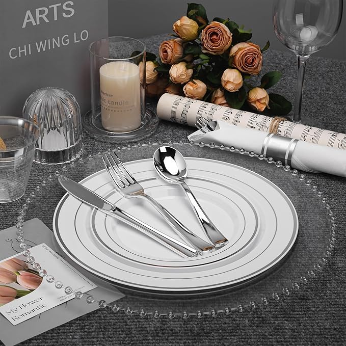 350 PCS White and Silver Plastic Dinnerware Set for 50 Guests, Disposable Party Plates for 50 Guests, Include: 100 Plastic Plates, 50 Pre Rolled Napkins with Silver Silverware, 50 Cups