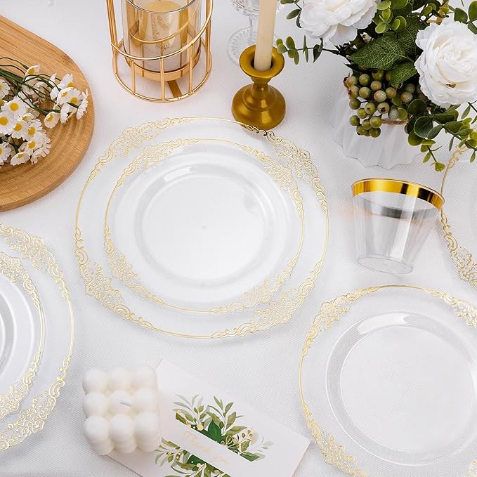 Bestluck 200 PCS Clear and Gold Plastic Plates for 100 Guests, Elegant Clear Disposable Plates with Gold Trim, Include 100 PCS Dinner Plates, 100 PCS Dessert Plates for Party, Birthday and Graduation