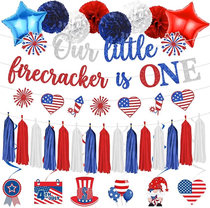Rakuto Our Little Firecracker Is One Party Decorations, 18PCS 4th of July 1st Birthday Banners Hanging Swirls Party Decoration, Independence Day First Bday Paper Poms Garland Tassel Decor