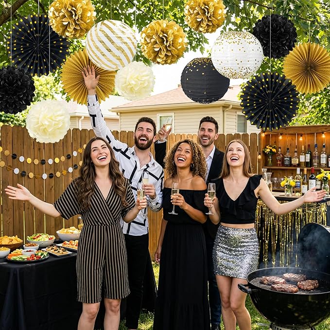 ADLKGG Black and Gold Party Decorations, 14 Pcs Hanging Paper Fans, Lanterns, Pom Poms, Photo Backdrop for Class of 2026 Graduation, Men's Birthday, Great Gatsby Theme Party