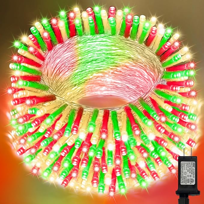 LAMPHOME Red Green Warm Christmas String Lights, 300 LED 99 FT Connectable Waterproof String Lights Green Wire with 16 Modes, Xmas Vintage Decorations for Indoor Outdoor Party Yard Garden Decor
