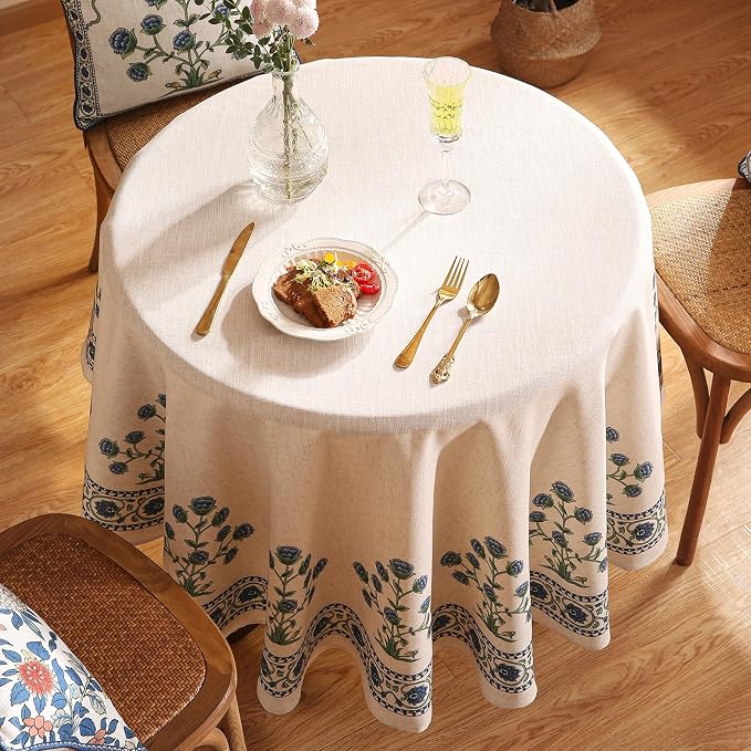 patdrea Vintage French Linen Tablecloth,Round,Diameter 67"-Ivar B | Elegant Table Cloth for Round Table,Blue and White Floral Patterned,Dining Room,Tea Party,Thanksgiving Decor