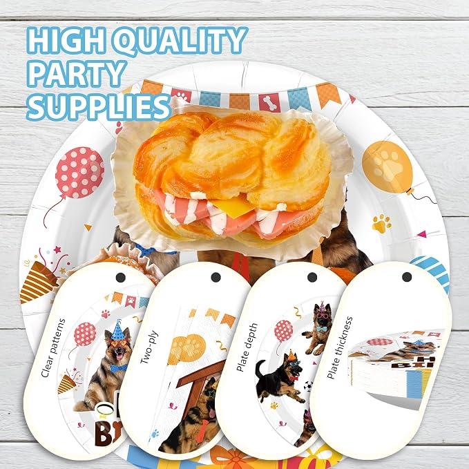 96Pcs German Shepherd Dog Birthday Party Decorations Funny Pet Dog Plates and Napkins Cute Puppy Tableware Set for Boys German Shepherd Theme Birthday Baby Shower Party Supplies Serves 24