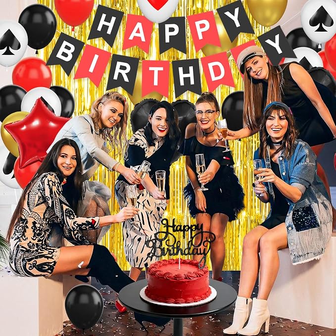 Casino Theme Party Decorations for Men Women, Casino Birthday Decorations with Poker Balloons 'HAPPY BIRTHDAY' Banner Cake Topper Star Foil Balloons Fringe Curtain for Las Vegas Game Night Party Decor