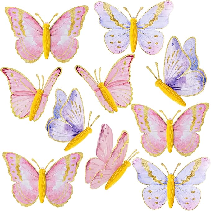 SUNBEAUTY 10 Pcs Butterfly Party Decorations 3D Butterfly Hanging Birthday Decoration Pink Purple Butterflies Honeycomb Decor for Girls Women Birthday Baby Shower Wedding Garden Party Supplies