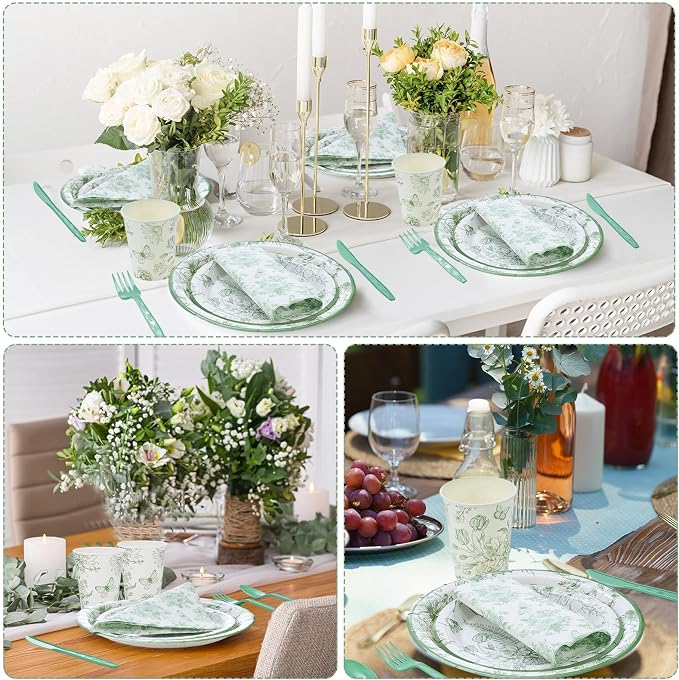 Funnymoom 400 Pcs Sage Green Floral Party Supplies for 50 Guests White Green Flower Disposable Plates Napkins Cups Spoons Forks Knives for Wedding Tea Party Bridal Baby Shower
