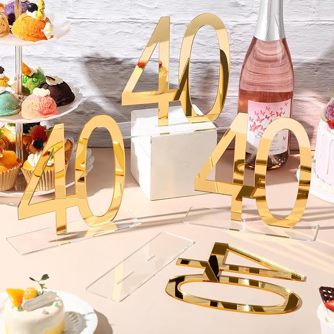 Threehoney 12 Pcs Mirror Gold 40th Birthday Decorations for Men and Women Acrylic Anniversary Decorations Table Numbers Centerpieces for Birthday Party