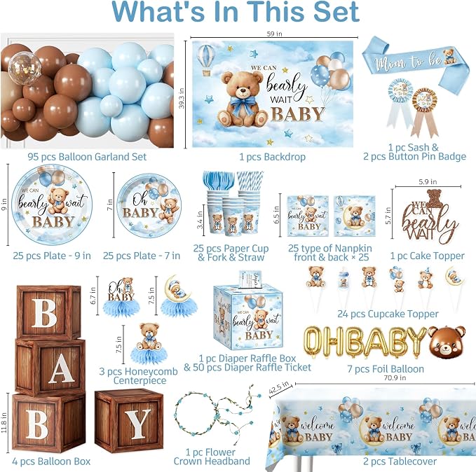 342Pcs Blue Bear Baby Shower Decorations Serves 25, All-in-1 Bear Party Decorations with Balloon Arch Kit Flower Crown Headband Plates Napkins Cake Topper Tablecloth Backdrop Blue Baby Shower Decor