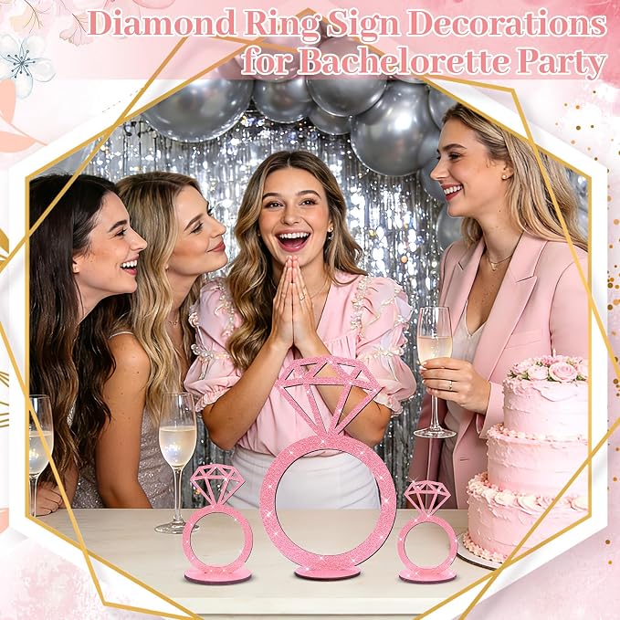 3 PCS Bridal Shower Centerpieces for Tables Diamond Ring Sign Table Centerpieces Pink Glitter Wooden Diamond Ring Sign Decor for Wedding Anniversary Supplies Batcholette Engagement Party