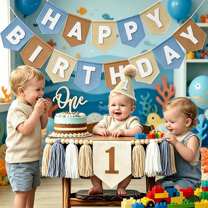 1st Birthday High Chair Banner Decorations - Neutral Felt Banner Set with Cake Topper & Party Hat, First Birthday Party Supplies