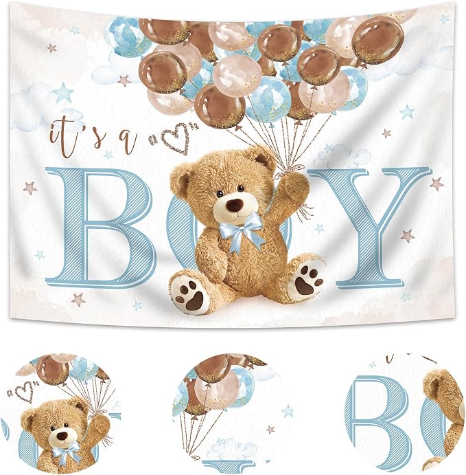 Boys Bear Baby Shower Backdrop 7Wx5H Feet It's a Boy Lovely Cute Brown Blue Balloons Cartoon Polyester Fabric Kids Newborn Photography Backgrounds Photo Shoot Decor Props Decoration