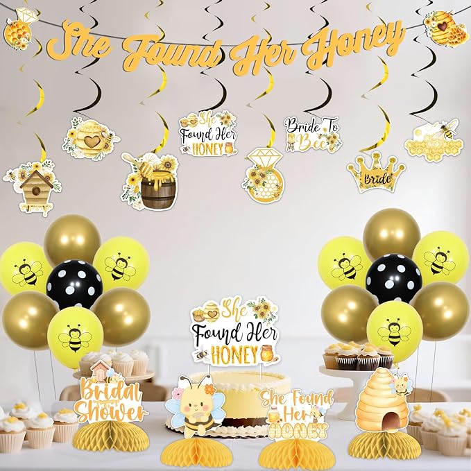 Bee Bridal Shower Decorations She Found Her Honey Backdrop Banner Cake Topper Bride to Bee Bridal Shower Decor Hanging Swirl for Bridals Shower, Engagement, Wedding, Bachelorette Party Supplies