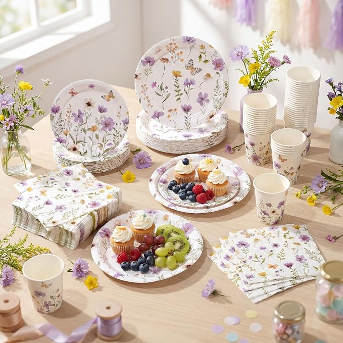Ziliny 250 Pcs Wildflower Party Decorations Include Spring Summer Floral Paper Plates Napkins and Cups for Wildflower Baby Shower Tea Decorations, Serve 50 Guest (Purple, Spring Style)