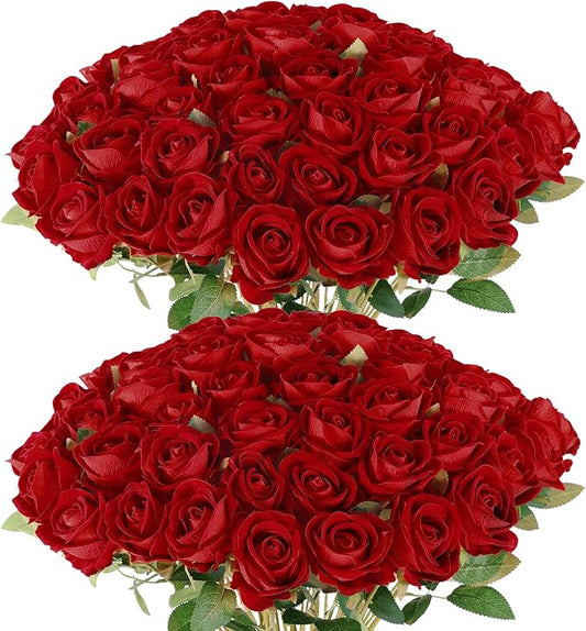 Rowfad 120 Pcs Artificial Roses Bulk Velvet Silk White Roses White Roses for Wedding Centerpieces Bridal Bouquet Mohter's Day Valentine's Day Home Decor (120, Red)