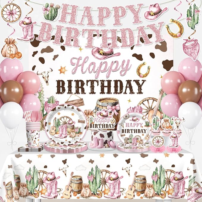 Xynic 214pcs Western Cowgirl Birthday Party Decorations Tableware Set, 25 Serves Disposable Cowgirl Plates and Napkins Set, with Backdrop, 2pcs Tablecloth, for Pink Western Party Decorations
