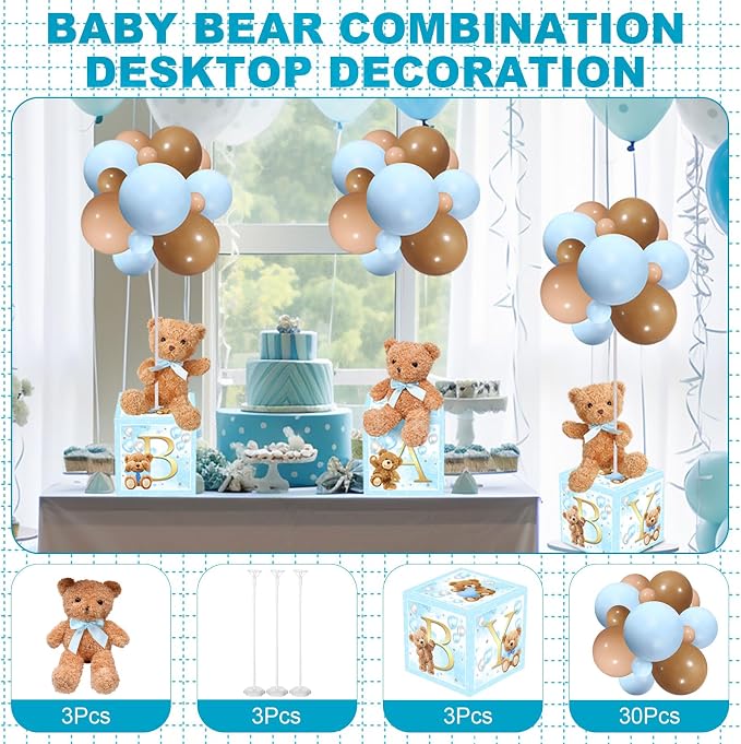Lenwen 3 Sets Jungle Animal Decoration for Baby Shower Letter Boxes Baby Shower Table Centerpiece Stuffed Animals Balloon with Stand Plush Boxes for Party(Blue,Bear)