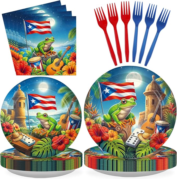 96Pcs Puerto Rico Party Decoration Flag Frog Plates and Napkins Coqui Frog Tableware Set for Puerto Rico Holiday Family Gathering Birthday Fiesta Theme Party Supplies, Serves 24