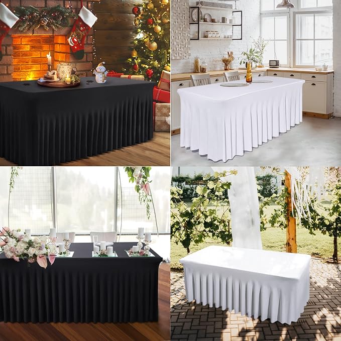 BDDC One-Piece Spandex Table Cover Skirt for 6FT Rectangle Tables | GRS-Certified Eco-Friendly Fabric, Elastic Fitted Ruffle Tablecloth, Washable, For Banquets, Weddings & Parties