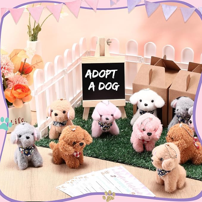 Blueweenly 84 Pcs Adopt a Pet Party Supplies 24 Mini Animals 10 White Plastic Fence 24 Paper Gift Boxes 24 Adoption Cards with Mini Chalkboard and Artificial Lawn(Dog)