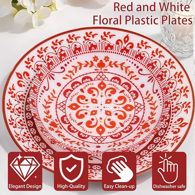 Hioasis 60pcs Red Plastic Plates Set - Floral Red & White Porcelain Design, 10.25" Dinner & 7.5" Dessert Plates Disposable for Christmas (Dishwasher Safe, Traditional Style)