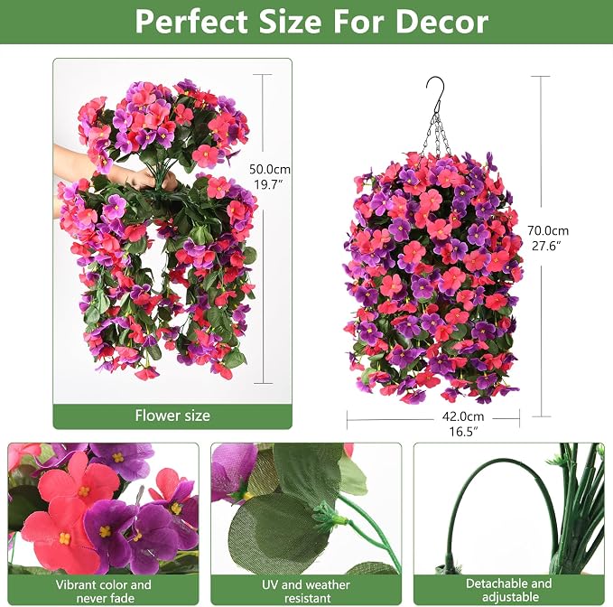 INQCMY Artificial Hanging Flowers Basket for Outdoor Summer Decoration,4pcs Faux Silk Begonia in Planter Look Real UV Resistant for Outside Home Porch Patio Balcony Yard Decor(Orchid Rose Red)