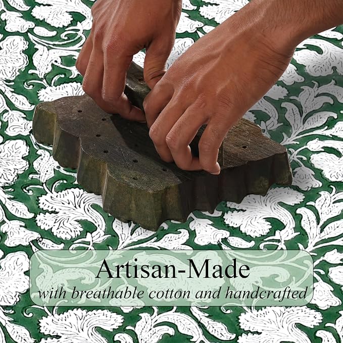 Ridhi Pantone Artichoke Hand Block Print Cotton Rectangle Tablecloth 60" x 60" inches Reusable Table Cover Decorative Everyday Use for Dining Room, Farmhouse, Home Gift for Spring, Mother's Day