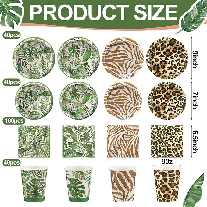 Domensi 220 Pcs Jungle Safari Animal Party Supplies Serves 40 Guest Safari Theme Tableware Set Disposable Wild Animal Print Paper Plate Cup and Napkin for Jungle Baby Shower Birthday Party Decoration