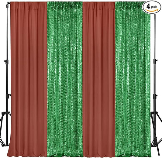 VitalCozy 4 Panels Backdrop Curtains 2 Pcs 4 x 10 ft Sequin Glitter 2 Pcs 7 x 10 ft Chiffon Photo Background Curtains for Graduation Wedding Birthday Party Decorations(Brown, Green)