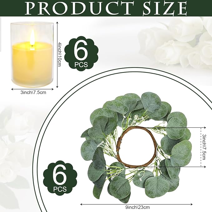 6 Sets Artificial Eucalyptus Candle Rings with LED Flameless Candles - 3 Inch Candle Rings Wreaths for Pillar Wedding Centerpieces Home Table Party Decor