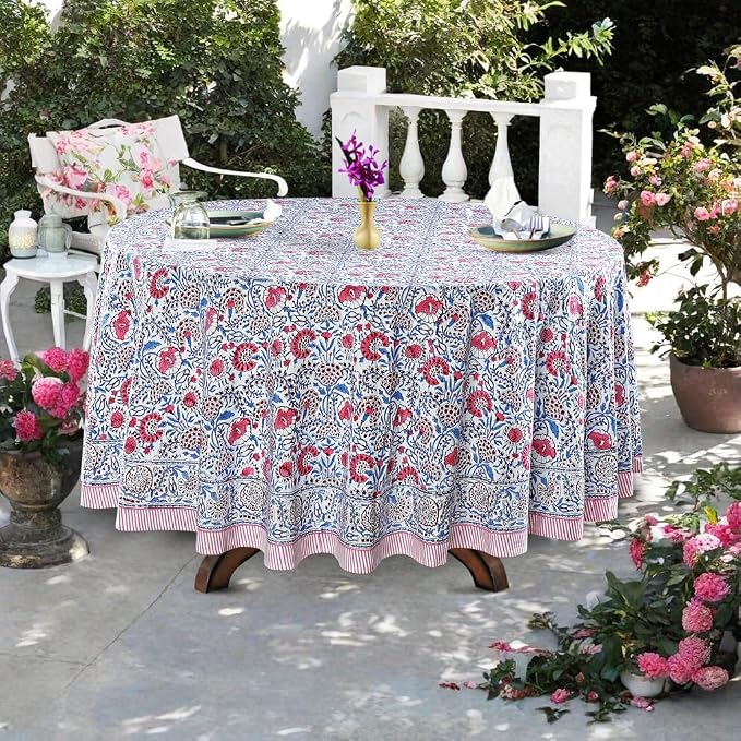 Ridhi Round Tablecloth Hand Block Print 100% Cotton Reusable Flamingo Pink 132 Inch Table Cover Decorative Everyday Use for Dining, Home, Party, Wedding, Farmhouse, Party Gift for Spring, Mother's Day