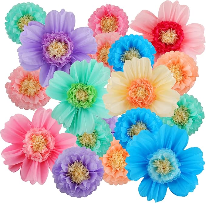 Crowye 24 Pcs Large Colorful Tissue Paper Flowers Decorations Giant Fiesta Craft Crepe Paper Flowers for Wall Decor Backdrop Mexican Wedding Birthday Carnival Party (10'' 20'',Colorful)