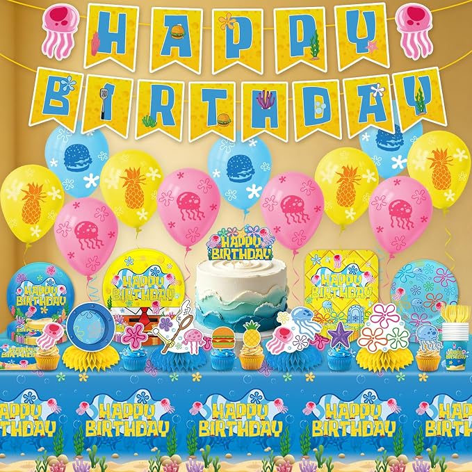 Ocean Themed Birthday Party Decorations 132pcs Under the Sea Birthday Supplies Include Banner Plates Napkins Cups Forks Tablecloths Balloons Cake Toppers and Honeycomb Centerpieces for Party Decor