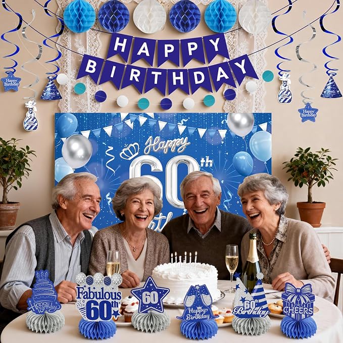 Happy 60th Birthday Party Decoration: Including Birthday Banner Backdrop, Party Table Centerpieces and Hanging Swirl Party Streamers, Birthday Decor for Men and Women (Blue, 60th Birthday)