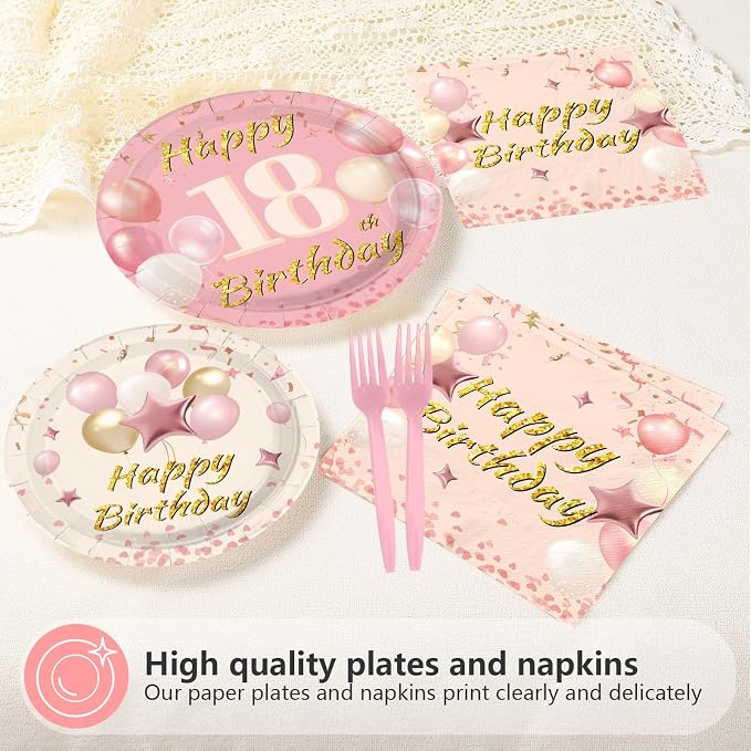 96Pcs Blush Beige 18th Birthday Decorations Boho Dusty Pink Plates and Napkins Disposable Pink Rose Gold 18 Happy Birthday Tableware Set for Girls 18 Years Old Party Supplies, Serves 24