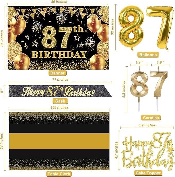 87th Birthday Decorations Men Women with 87th Birthday Banner, Black and Gold Table Cloth, Number Balloons, Sash, Cake Topper and Candles
