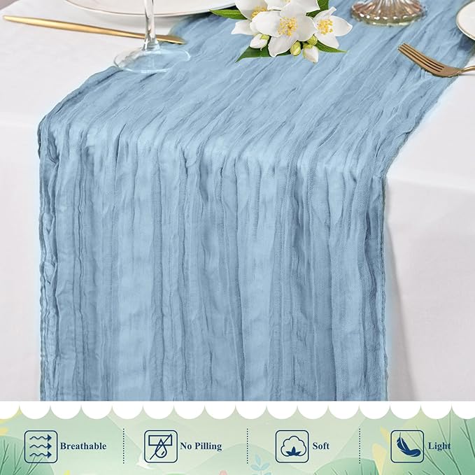 20 Pack Dusty Blue Cheesecloth Table Runner 10FT Long Boho Gauze Fabric Table Runner Vintage Rustic Sheer Runners for Wedding Party Bridal Baby Shower Table Decorations