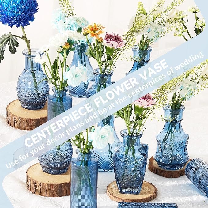 Mini Bud Vases Centerpieces for Tables,Clear Bud Vases for Flowers,Small Flower Vases Suitable for Birthday Party,Anniversary,Wedding Reception,Baby Shower (Blue, 12PCS)