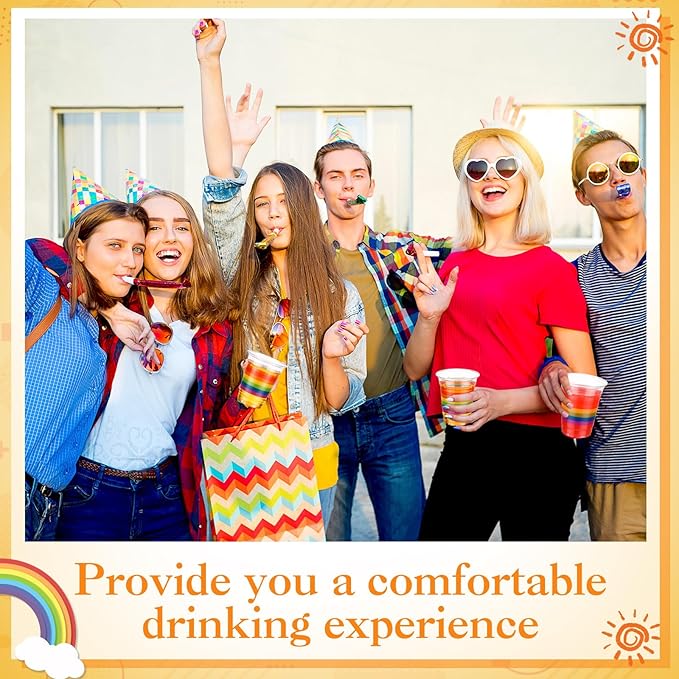 Jingmore 100 Pcs Rainbow Plastic Cups 12 oz Gay Pride Colorful Stripes Disposable Clear Plastic Drinking Cups for Rainbow Gay Pride LGBTQ Party Decorations Supplies