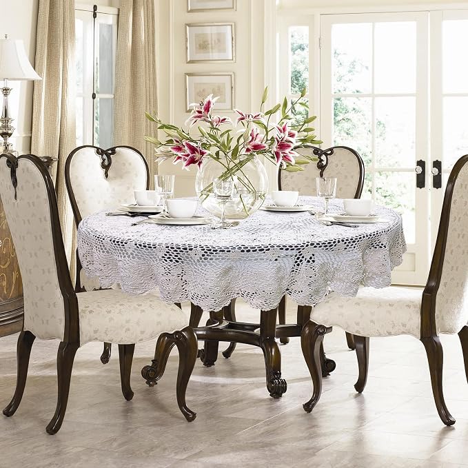 USTIDE 60" Round White Cotton Lace Tablecloth for Dining Table