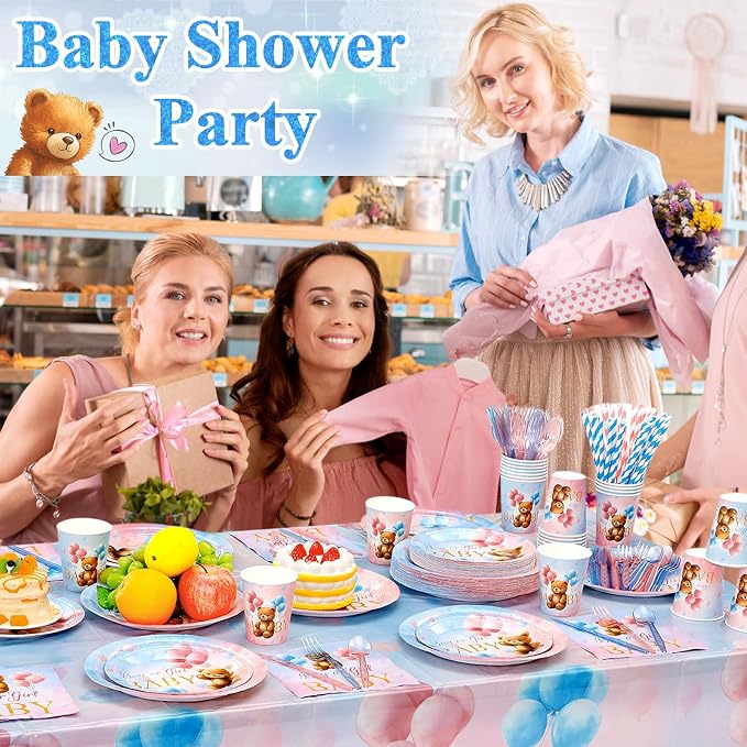 Funnymoom 452 Pcs Bear Themed Gender Reveal Party Decorations for 50, Boy or Girl Gender Reveal Paper Plates Napkins Cups Tablecloth Cutlery Straws for Pink Blue Baby Shower Party Supplies