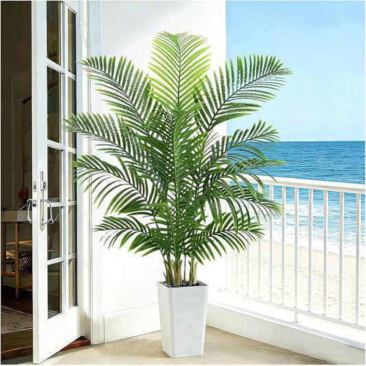 Artificial Palm Tree 5FT - Tall Fake Tree with White Taper Planter & Pebbles, UV Resistant for Indoor & Outdoor, Large Potted Faux Plant, Tropical Areca Floor Plant for Living Room, Office, Home Decor
