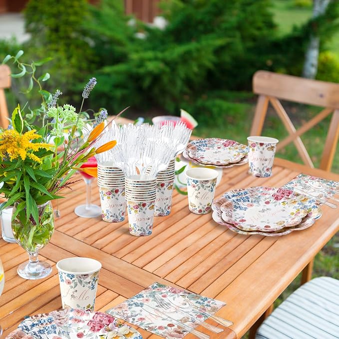 Havawish 350 Pcs Spring Mother Day Party Supplies Hello Spring Disposable Wildflower Plates and Napkins Tableware Sets Serves 50 Guests for Baby Shower Birthday Wedding Party Decorations
